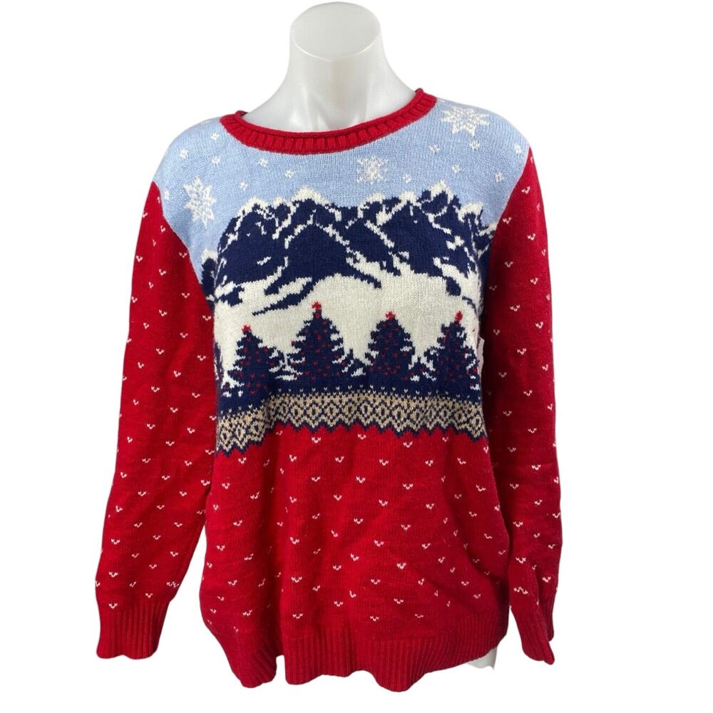 Lands' End Women's Red Winter Scene Crewneck Long Sleeve Knit Sweater Top Sz XL